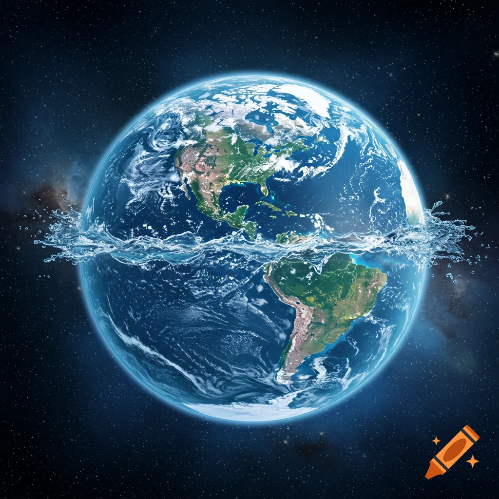 Photorealistic depiction of Earth encircled by a large wave of water in space.