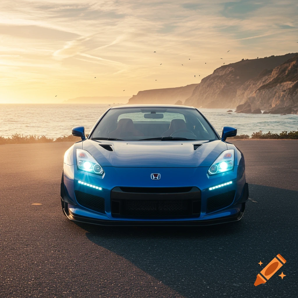 A blue sports car with bright headlights parked on a coastal road overlooking the ocean and cliffs at sunset.