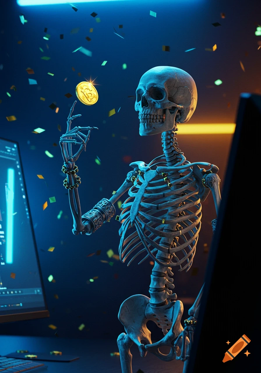 A skeleton with jewelry flips a golden Bitcoin coin amidst falling confetti, looking at a computer screen in a dark, neon-lit room.