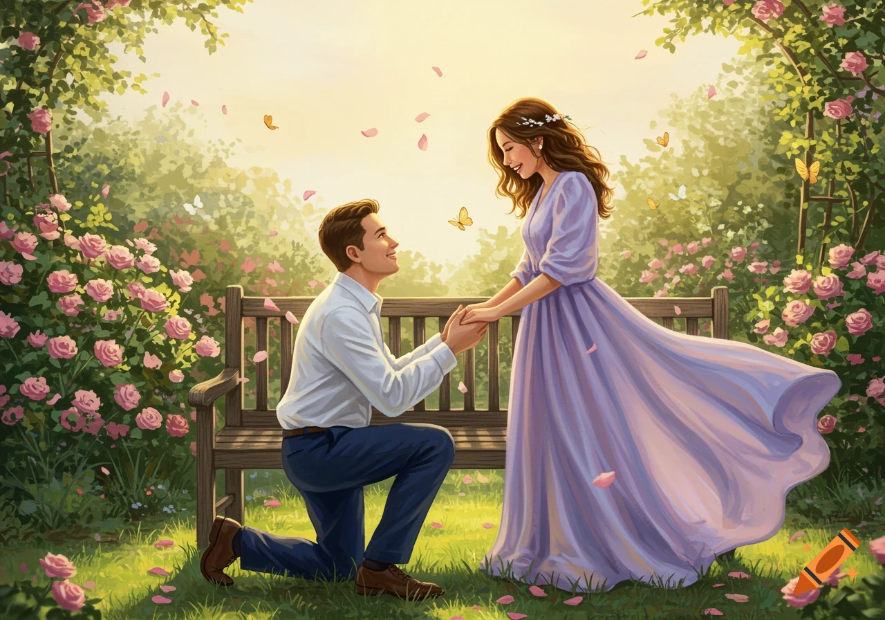 A man kneels before a woman in a lush rose garden, holding her hands, with butterflies and rose petals in the air.
