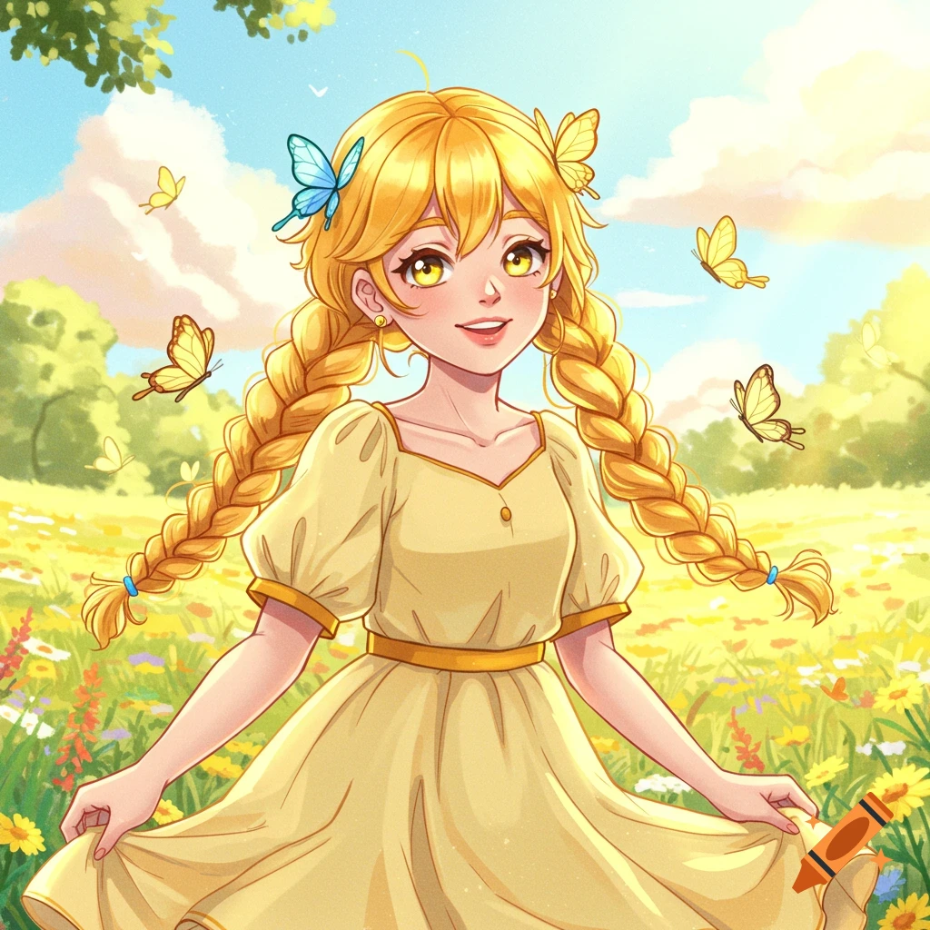 An anime girl with long blonde braided pigtails and yellow eyes smiles in a sunny field with yellow flowers and butterflies. She wears a yellow dress and blue butterfly hair clips.