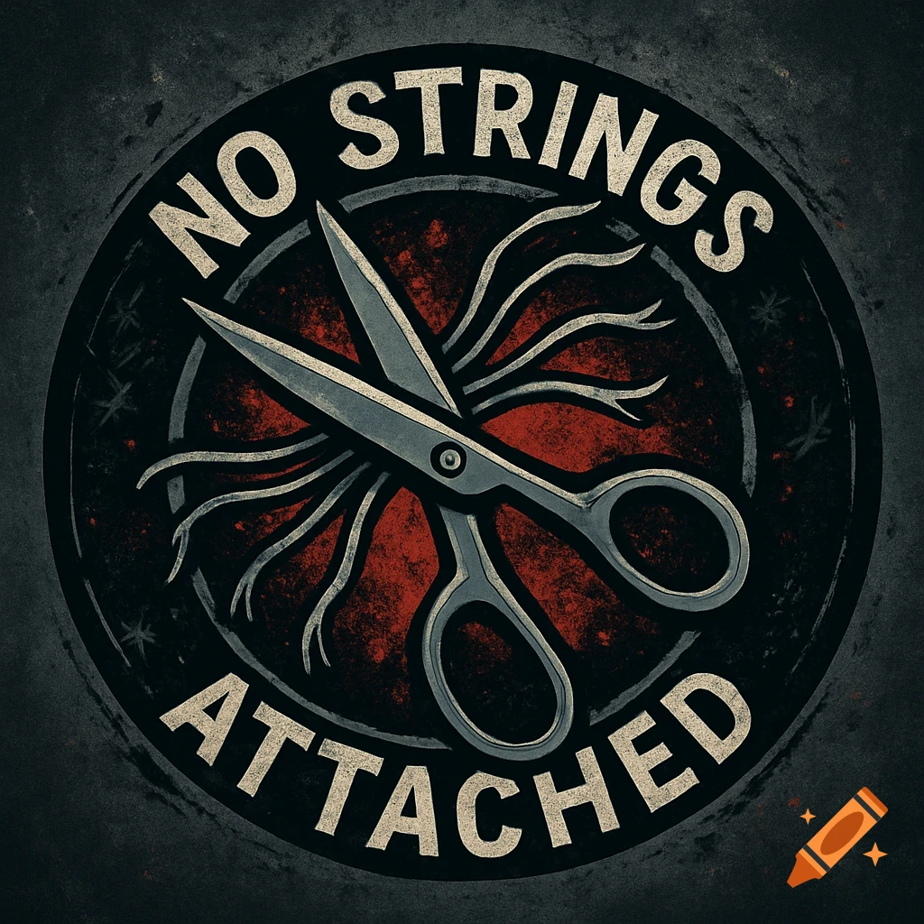 A grunge-style circular logo featuring scissors cutting strings, with 'NO STRINGS ATTACHED' text.