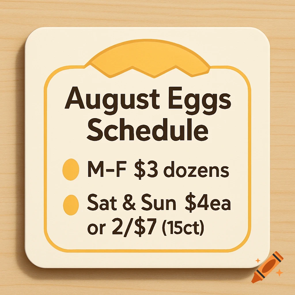 A flat sign icon showing an August Eggs Schedule with prices for weekdays and weekends.