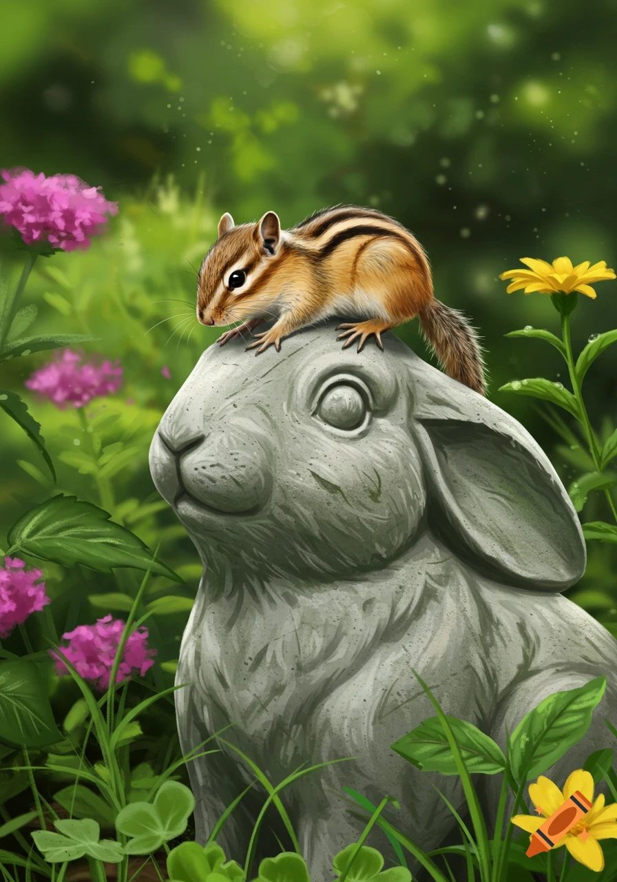A chipmunk sits on a stone bunny statue in a lush green garden with pink and yellow flowers.