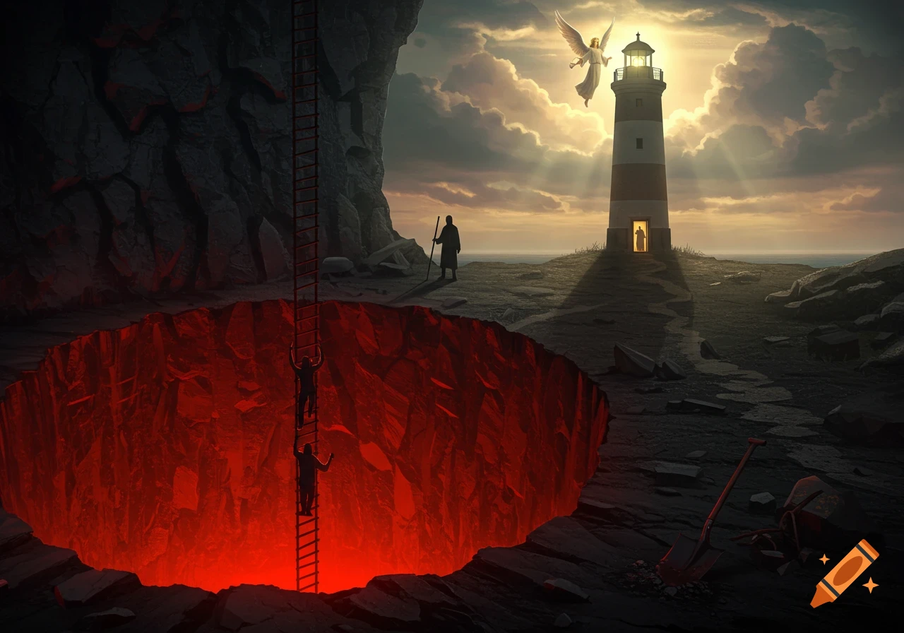 People climb a ladder out of a glowing red pit towards a lighthouse by the sea, an angel flies above.