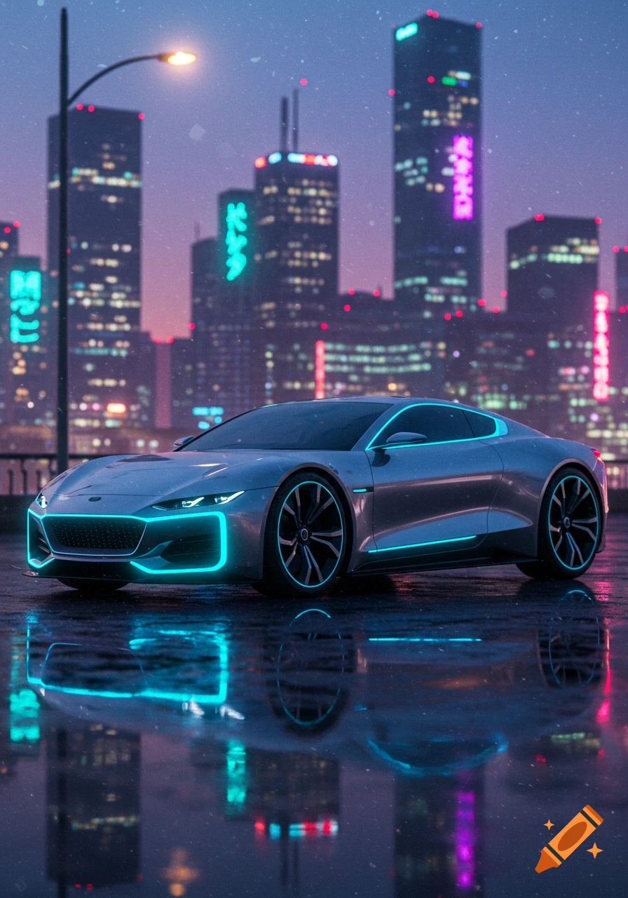 A sleek silver futuristic sports car with vibrant blue neon lights parked on a wet city street at night, reflecting in the pavement, with a glowing cityscape in the background.