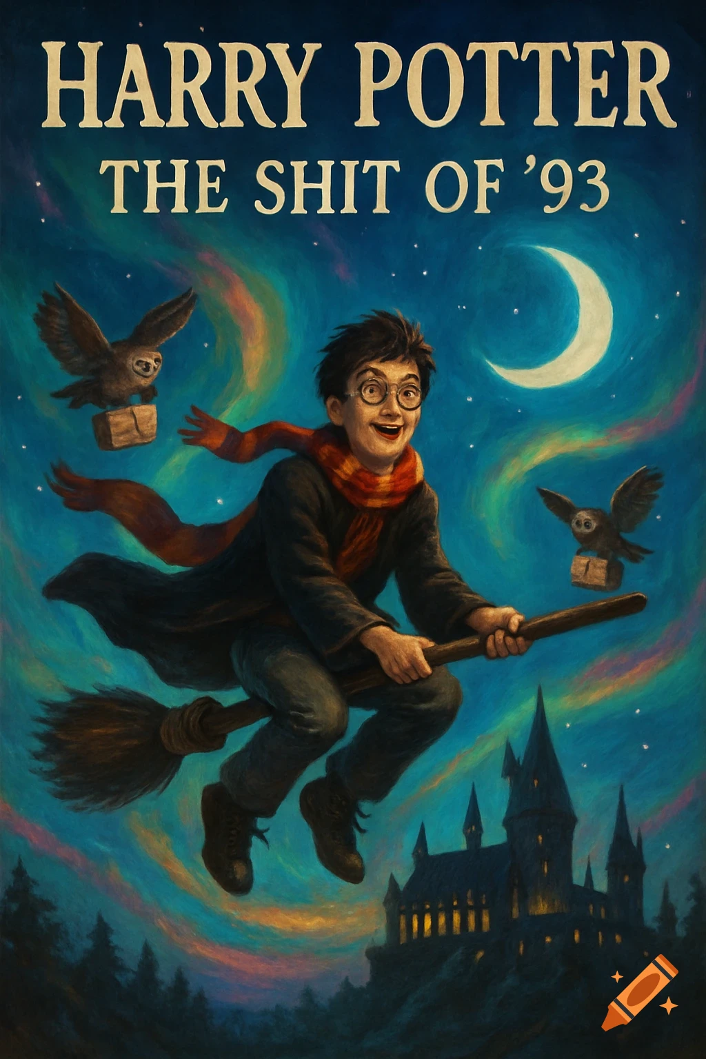 Painterly fantasy book cover of Harry Potter flying a broom, with owls and a castle under a starry night sky. Text reads 'HARRY POTTER THE SHIT OF '93'.