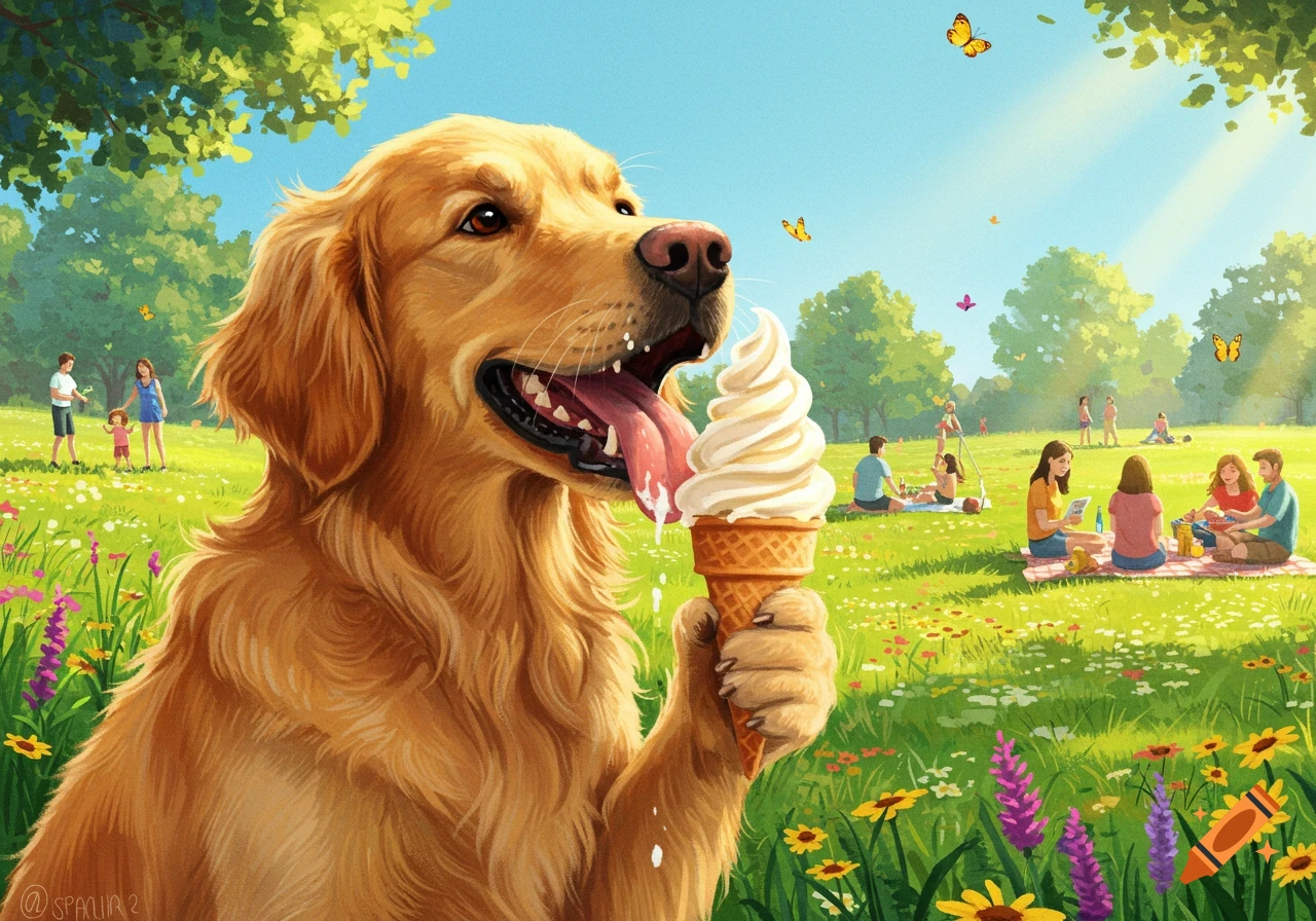 A golden retriever happily licks ice cream in a sunny park filled with people, wildflowers, and butterflies, in an illustrative style.