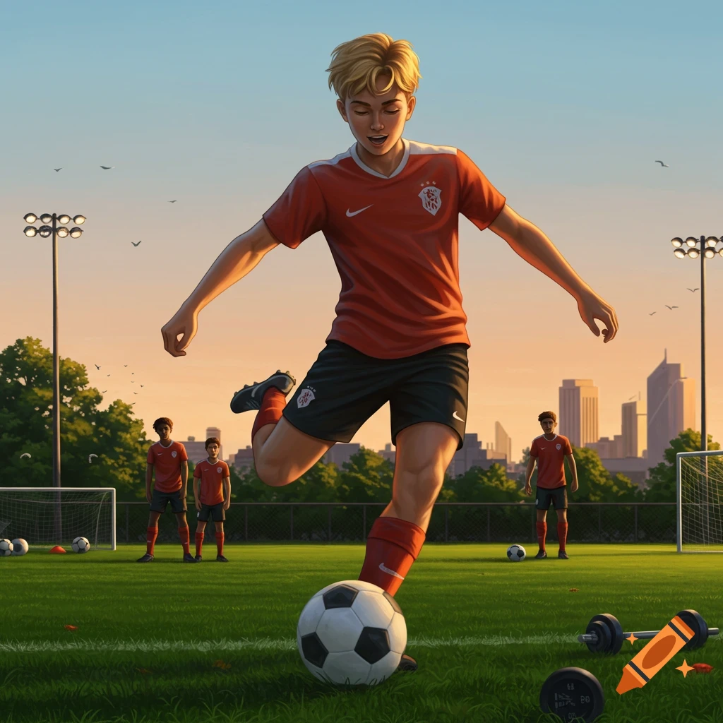 An anime-style illustration of a blonde boy in a red uniform kicking a soccer ball on a field with city buildings in the background.