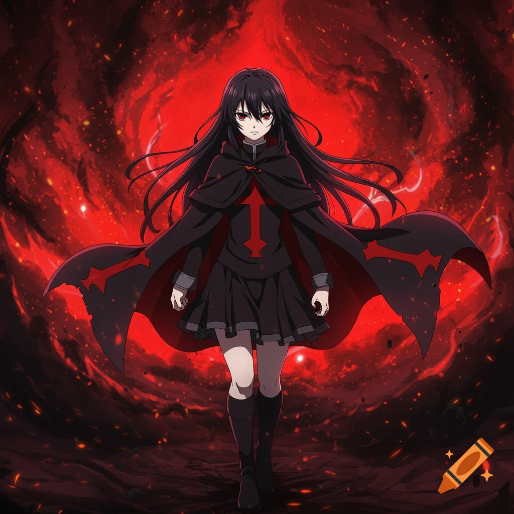 Anime girl with long black hair, red eyes, and a black cape with a red cross, stands against a fiery red background.