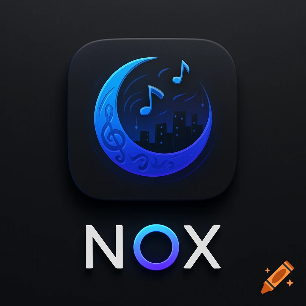 A sleek dark gray app icon featuring a blue crescent moon with musical notes and city skyline, above the word NOX with a gradient 'O'.