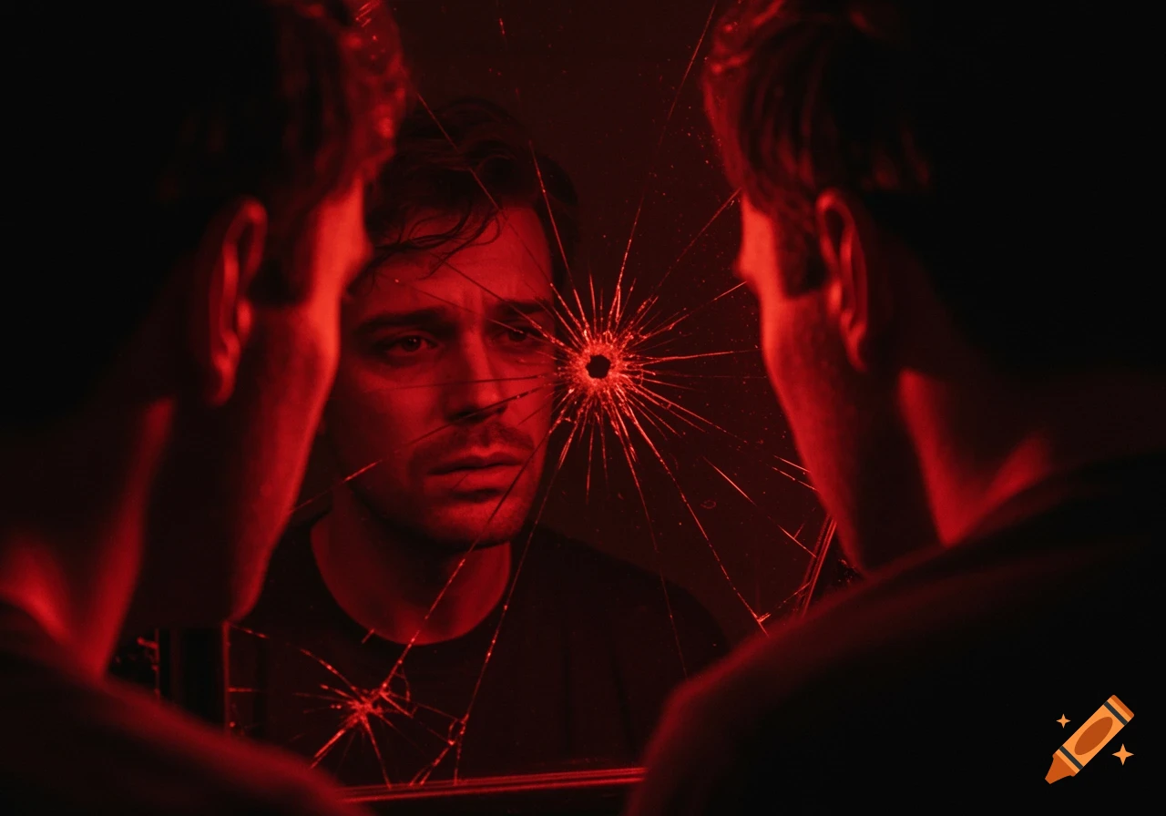 A man's reflection in a broken mirror, illuminated by red light, with a bullet hole crack, capturing a dramatic and psychological atmosphere.