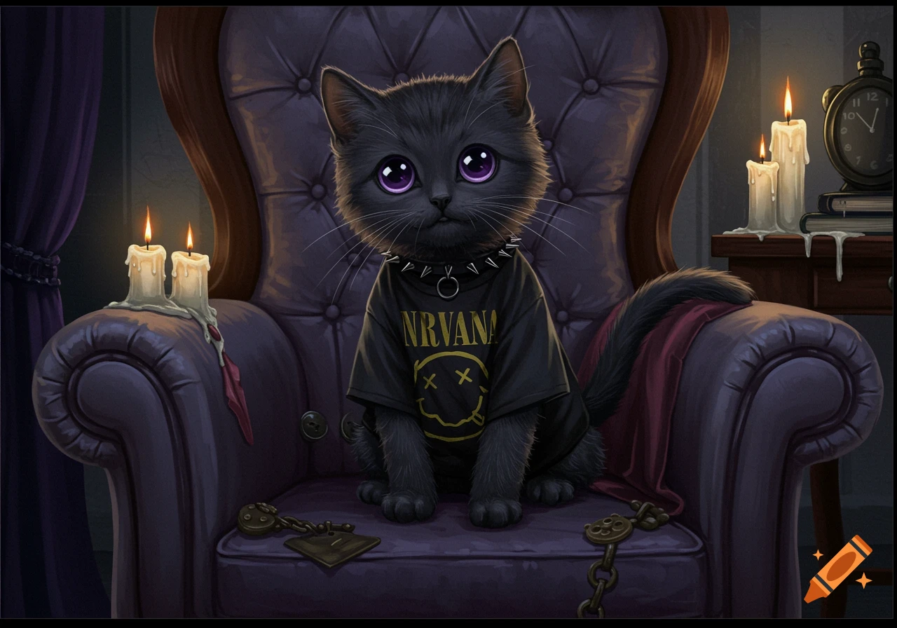 A black cat with large purple eyes wearing a black t-shirt and studded collar sits in a dark purple armchair, with lit candles on either side.
