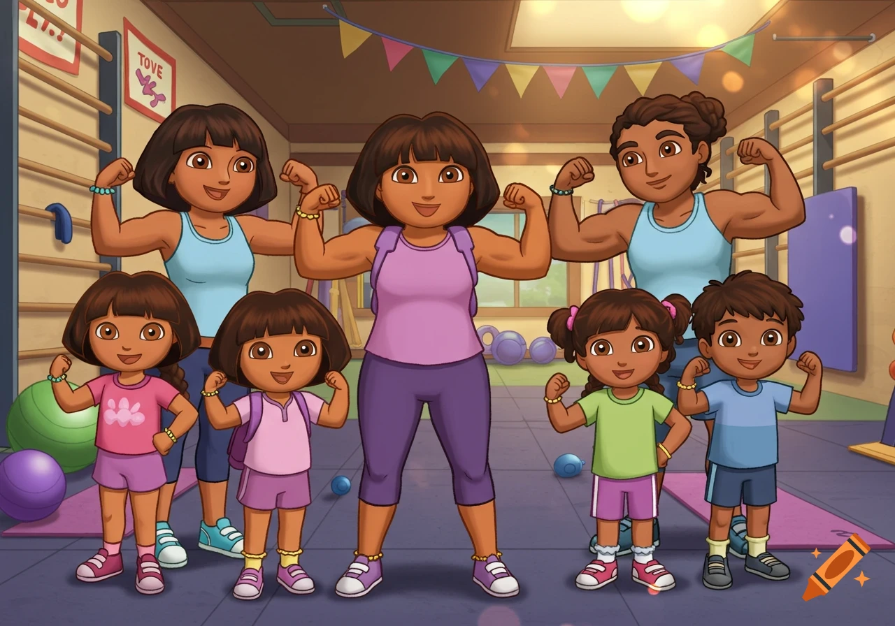 Cartoon of Dora, her mother, and two other children flexing their muscles in a gym.