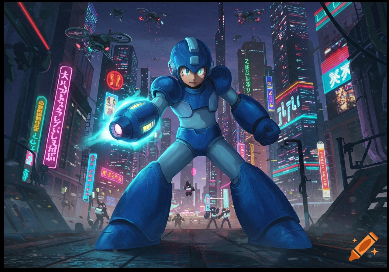 Mega Man stands in a glowing futuristic city with neon signs and flying drones.