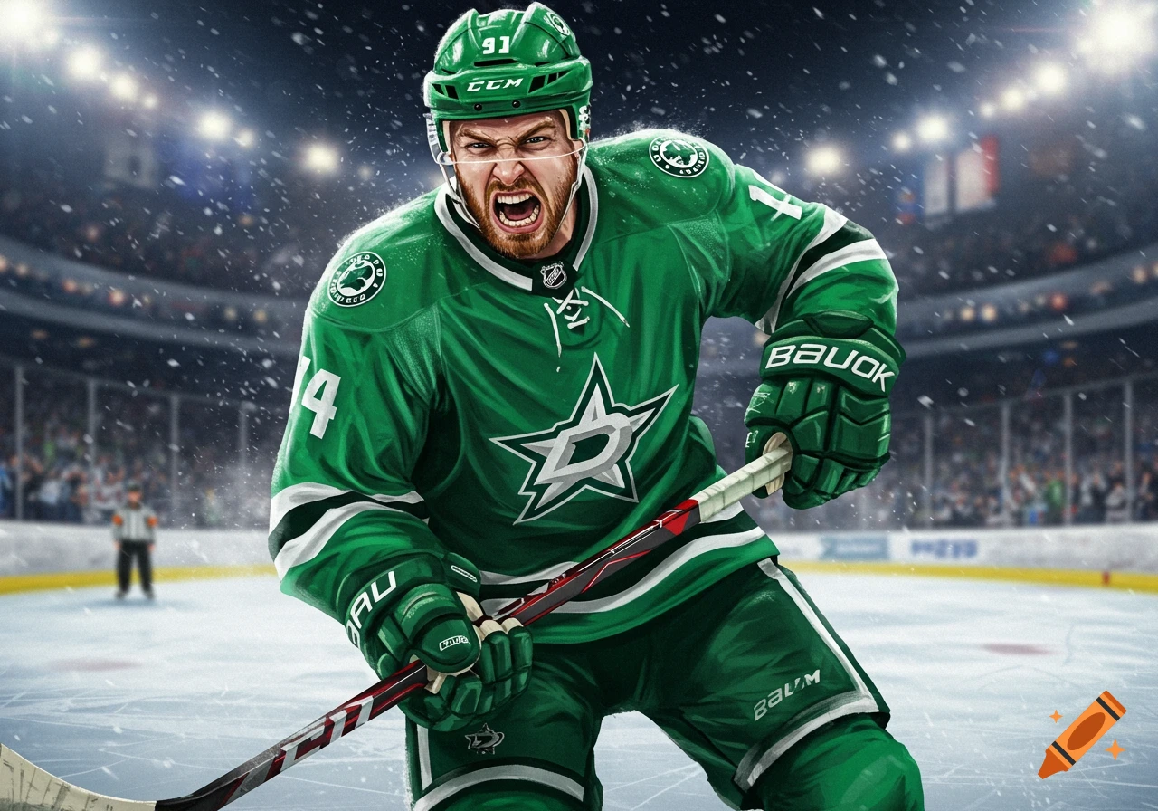 A photorealistic image of an angry hockey player in a green uniform, holding a stick, on an ice rink during a game.