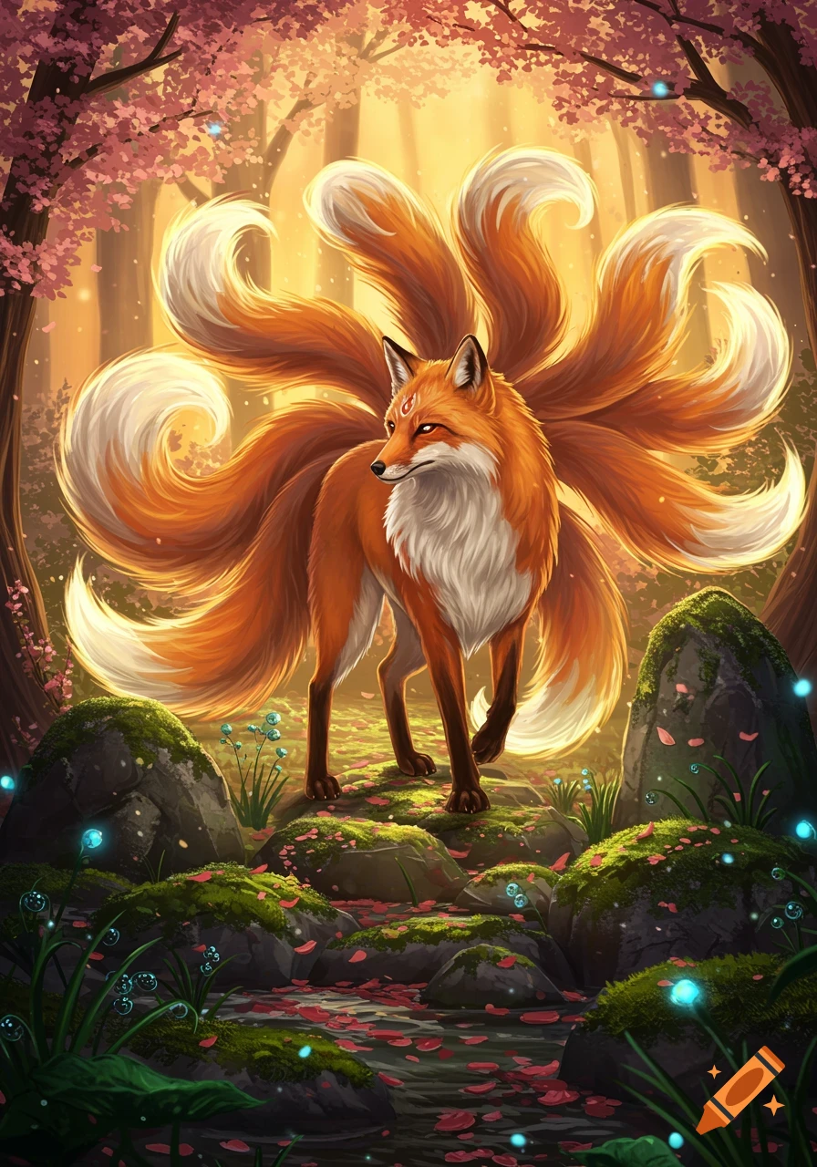 A majestic nine-tailed kitsune stands in an enchanting forest illuminated by golden light, with glowing blue orbs and pink petals scattered on the ground, in a vibrant fantasy art style.