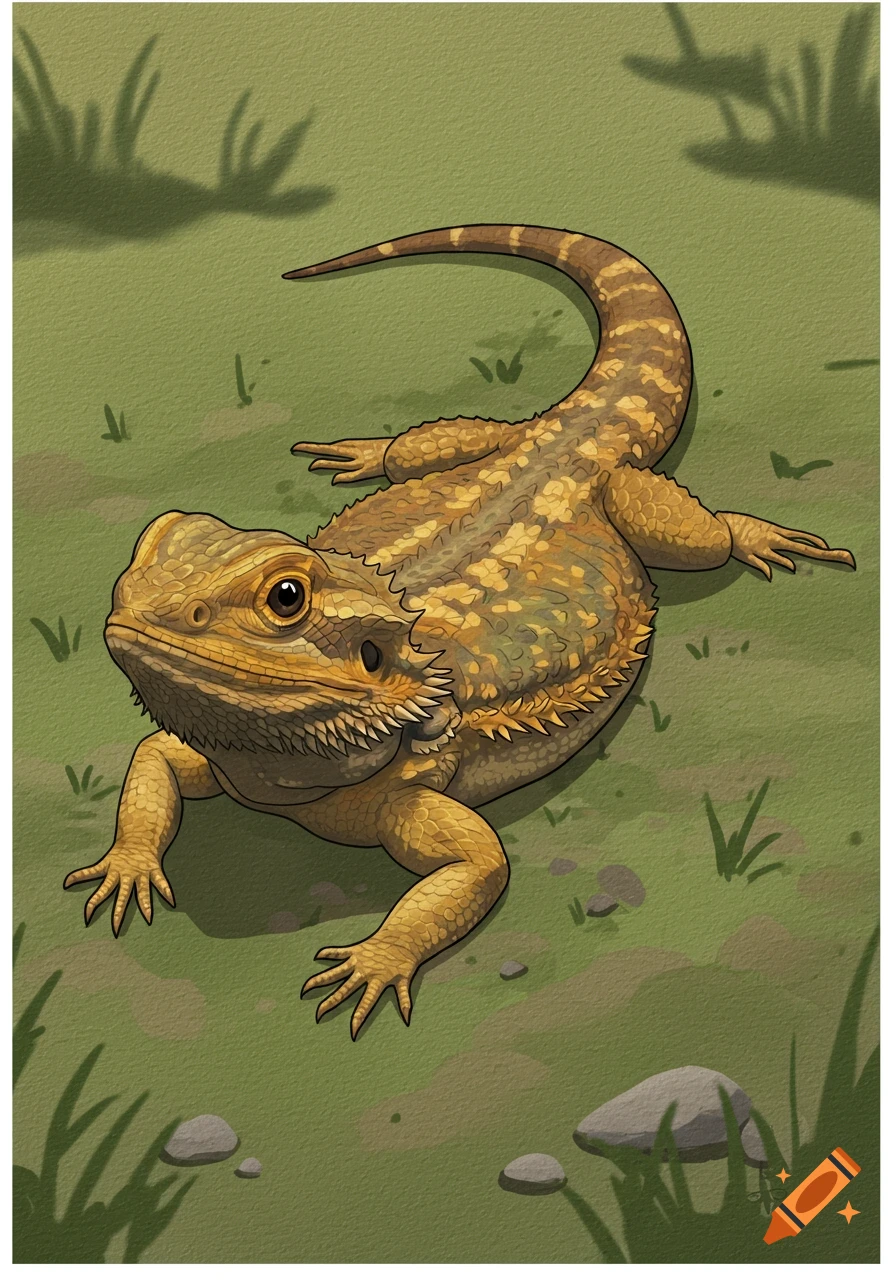 A cartoon bearded dragon lies flat on green ground with grass and rocks.