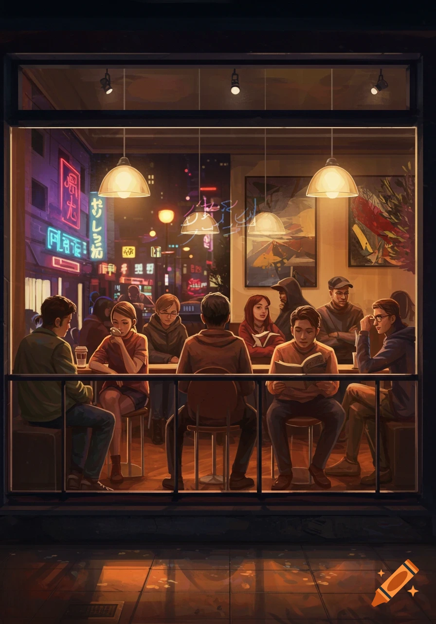 Illustrative view of people sitting inside a warmly lit cafe at night, seen from outside with neon city lights in the background.