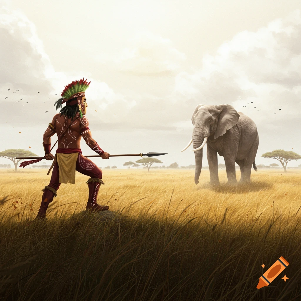 A warrior in a feathered headdress and traditional attire with body paint holds a spear, facing an elephant in a grassy savanna landscape.