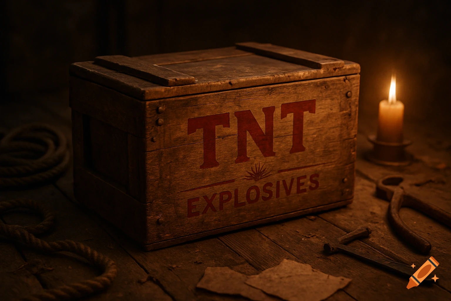A wooden TNT explosives crate illuminated by a burning candle on a rustic wooden floor, with a rope and tools nearby.