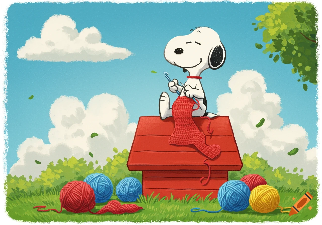 Snoopy sits atop his red doghouse, happily crocheting red yarn. Blue and red yarn balls are on the green grass under a blue sky with clouds. Cartoon style.