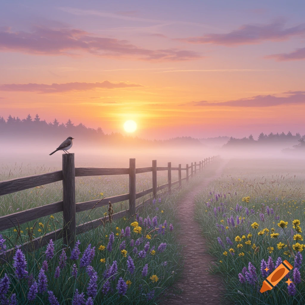 A lone bird sits on a wooden fence post at sunrise, overlooking a foggy meadow path lined with purple and yellow wildflowers.