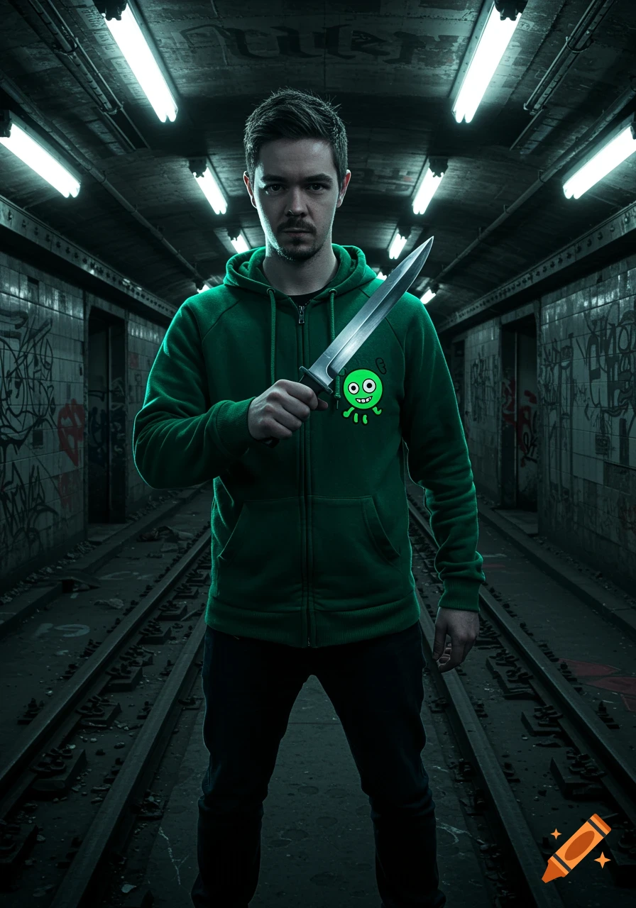 A man in a green hoodie holding a large knife stands in a dark, graffiti-covered subway tunnel with bright overhead lights.