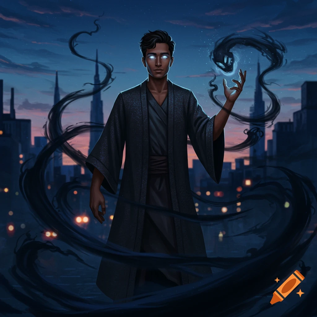 A person with glowing eyes and dark robe stands in a city at dusk, conjuring a glowing blue serpent from swirling shadow tendrils.