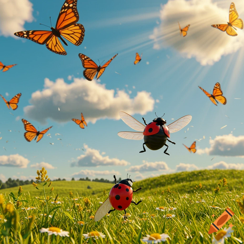 A whimsical 3D render of a ladybug attempting to fly alongside monarch butterflies in a sunny, green field.