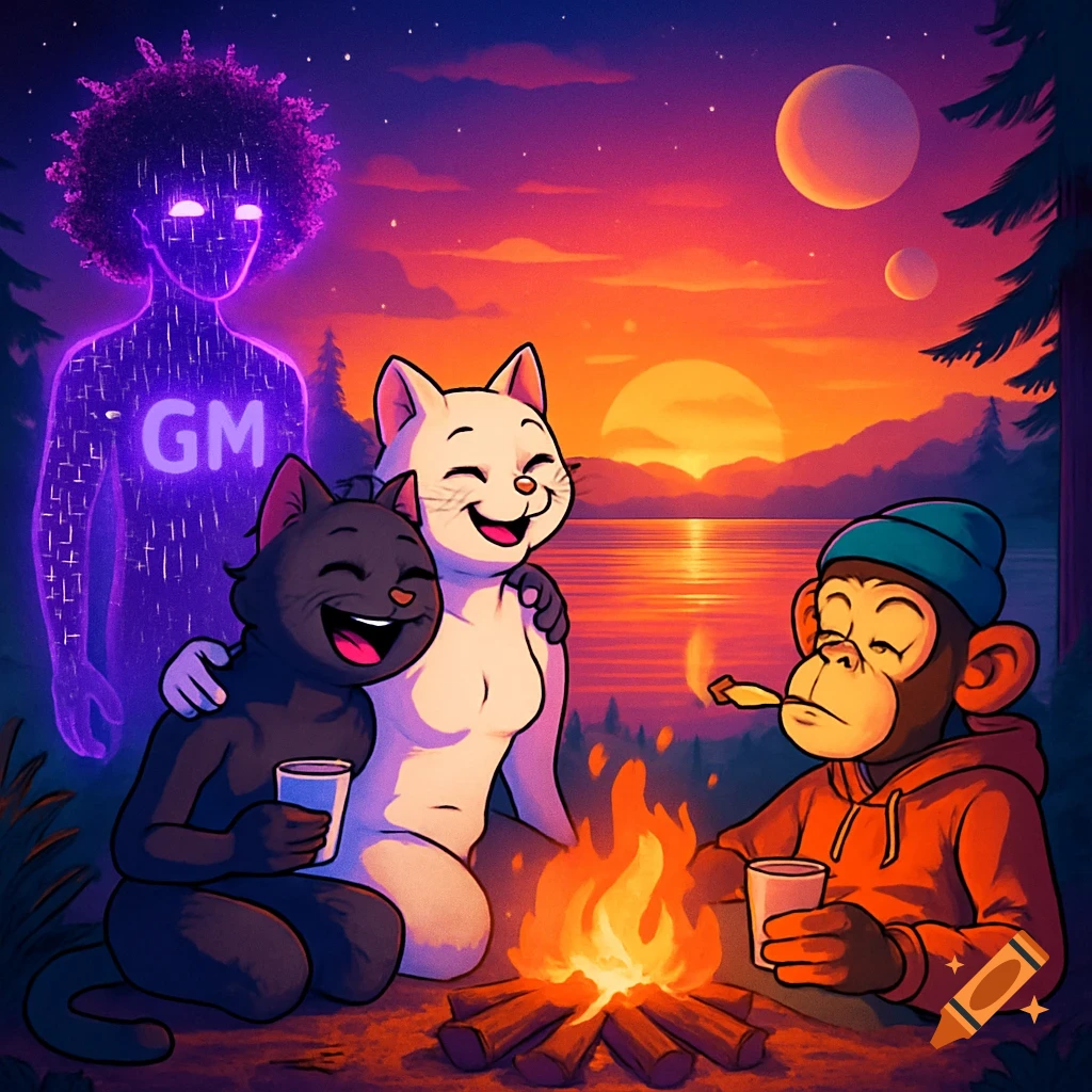 Cartoon illustration of a stoner monkey, two humanoid cats, and a glowing purple entity sitting around a campfire by a lake at sunset, with alien planets in the sky.