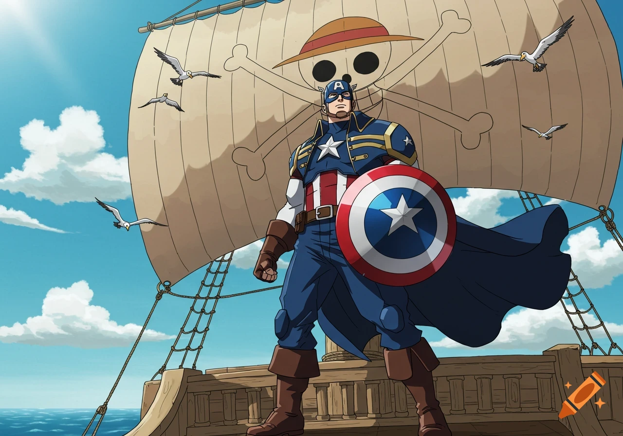 Captain America stands on a pirate ship deck with the Straw Hat Jolly Roger on the sail, in a vibrant anime style.