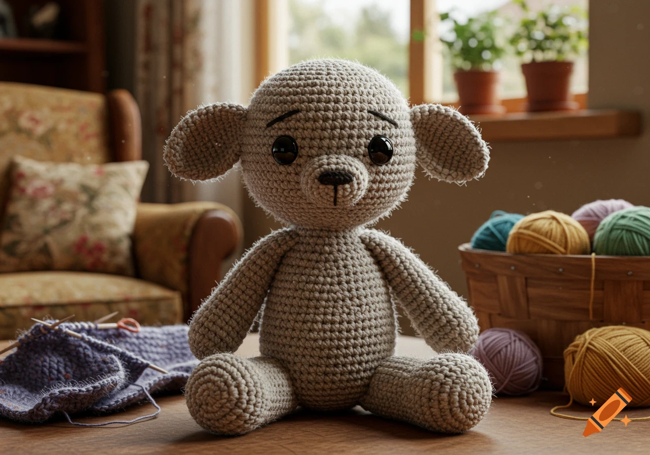 A light brown crochet teddy bear sits on a wooden floor next to colorful yarn and a knitting project in a sunlit room.