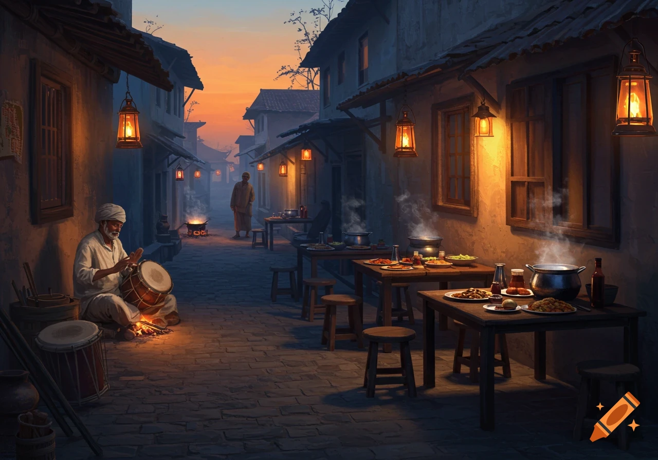 A man plays a drum by lamplight in an old-world street scene with food stalls, steaming pots, and lanterns at dusk.