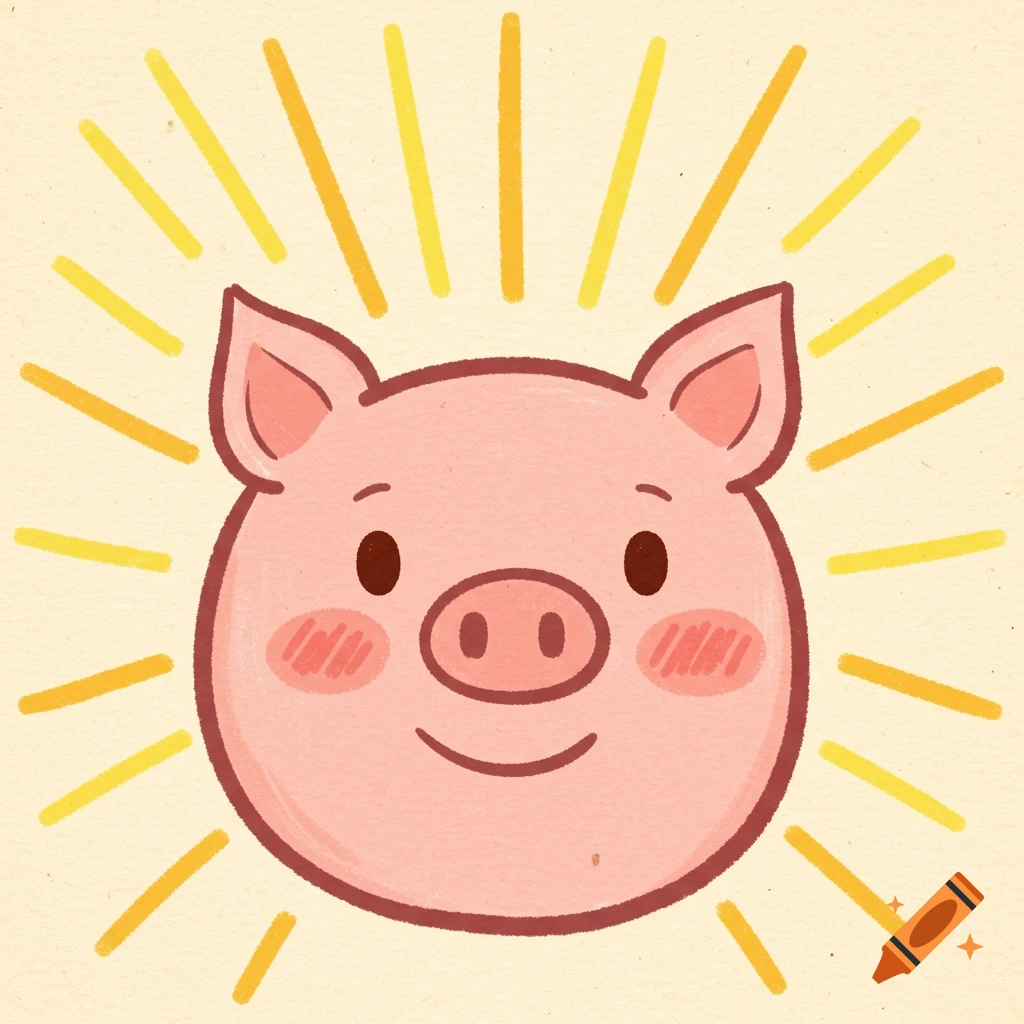 A cute cartoon pig face with bright yellow and orange rays emanating from its head, on a light background.