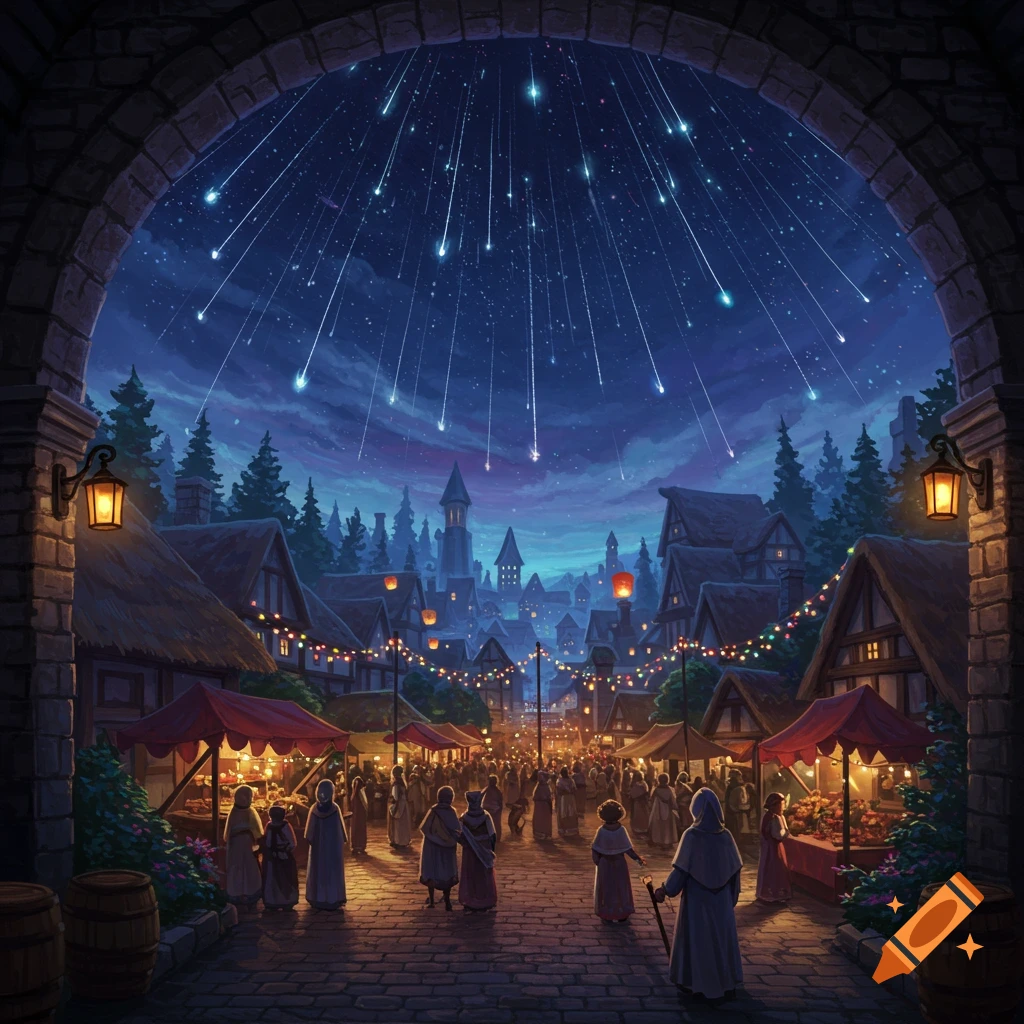 A bustling fantasy village street at night, viewed through a stone archway, under a sky filled with falling stars.