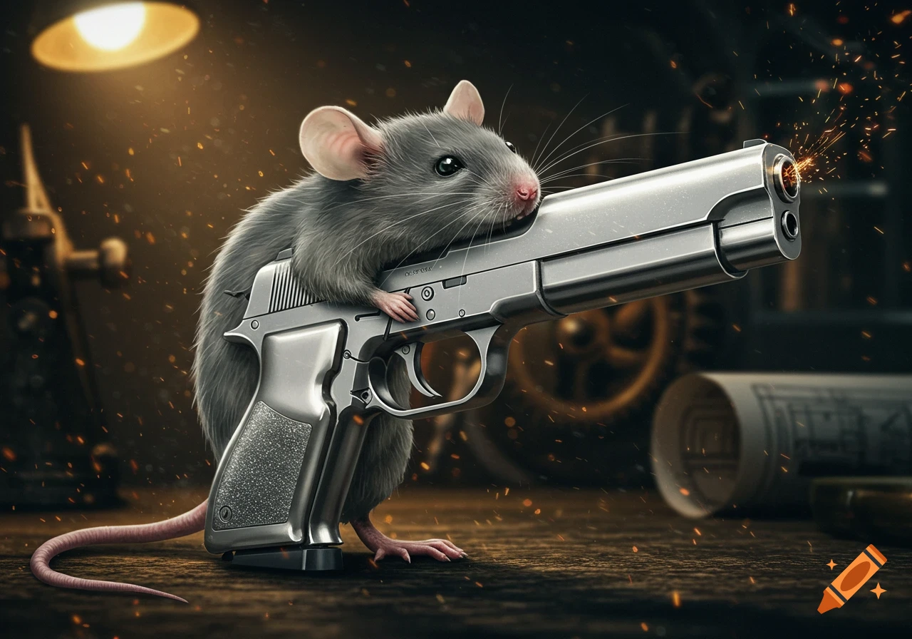 A photorealistic gray mouse stands upright, holding a large silver pistol with sparks flying from the muzzle in a dimly lit, industrial-looking setting.