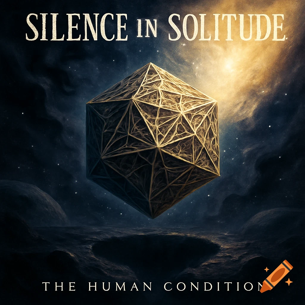 An intricate geometric shape floats above a desolate planet surface in space, with text 'SILENCE IN SOLITUDE' and 'THE HUMAN CONDITION'.