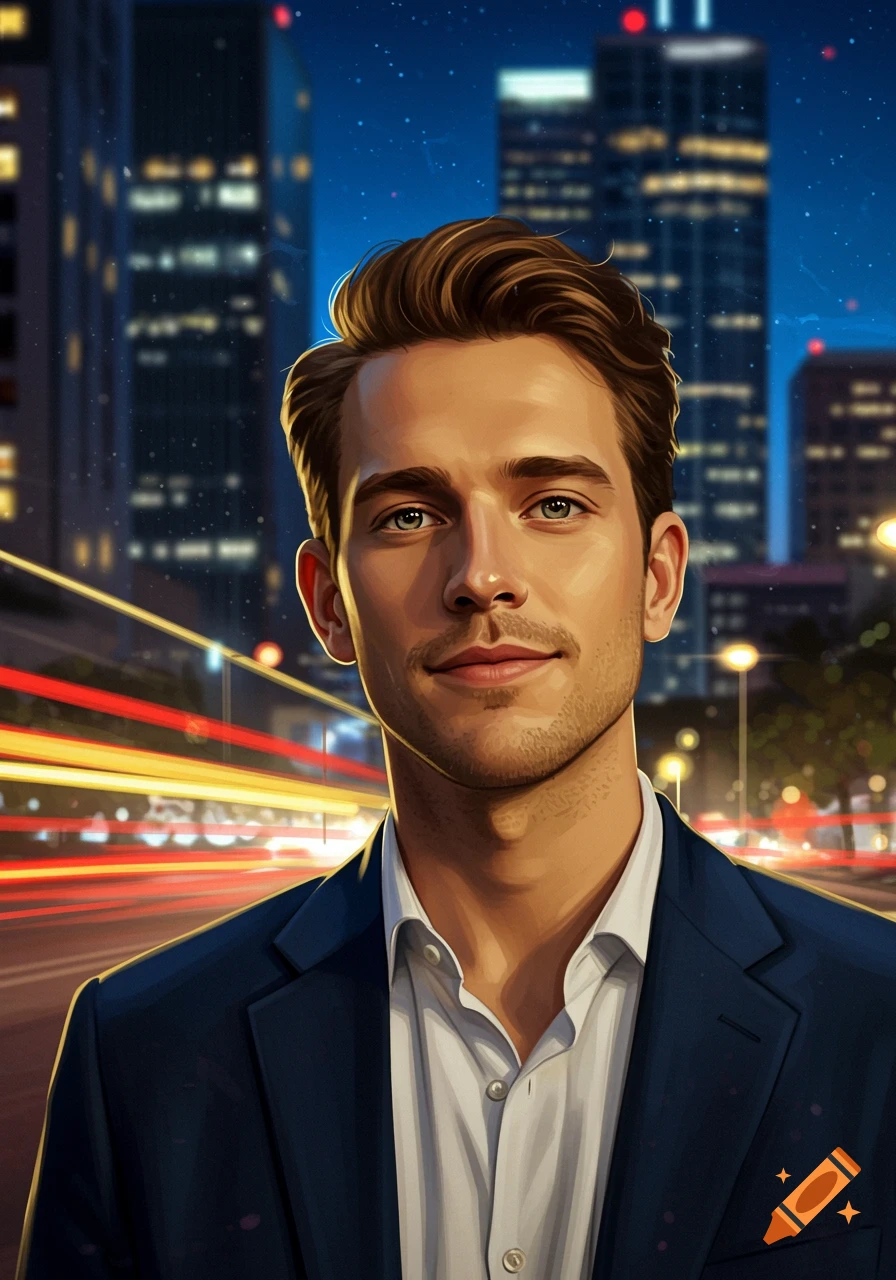 A handsome man in a suit jacket and white shirt smiles faintly, with a blurred cityscape and light trails at night in the background.