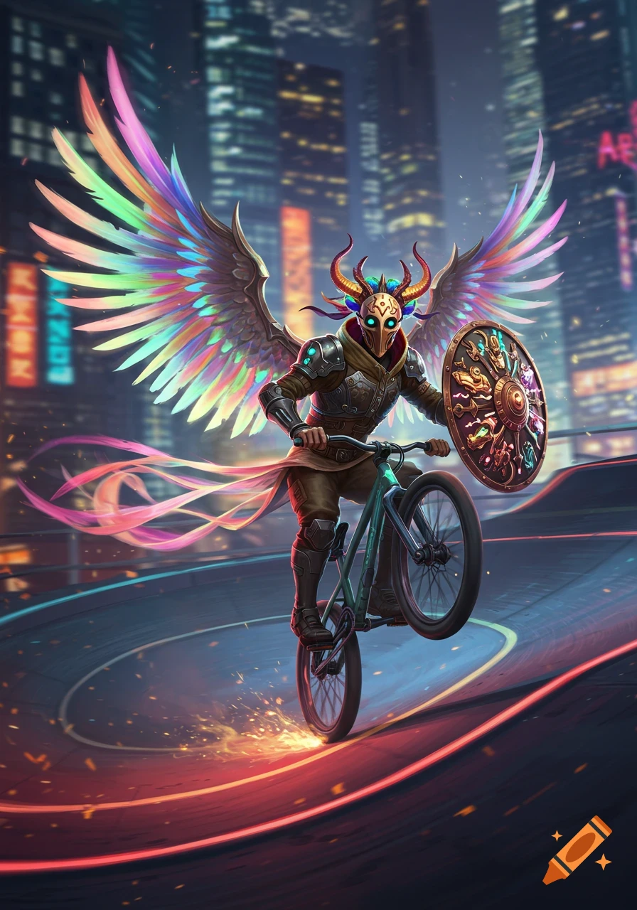 A masked, winged video game character on a bike performs a wheelie on a neon-lit urban pump track.