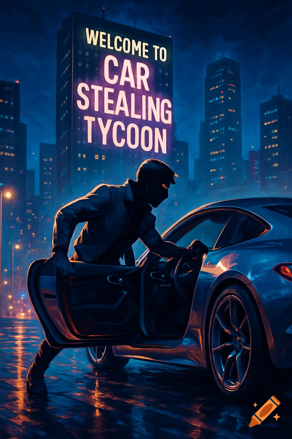 Masked figure entering a car at night in a neon city, with a building sign 'WELCOME TO CAR STEALING TYCOON'.