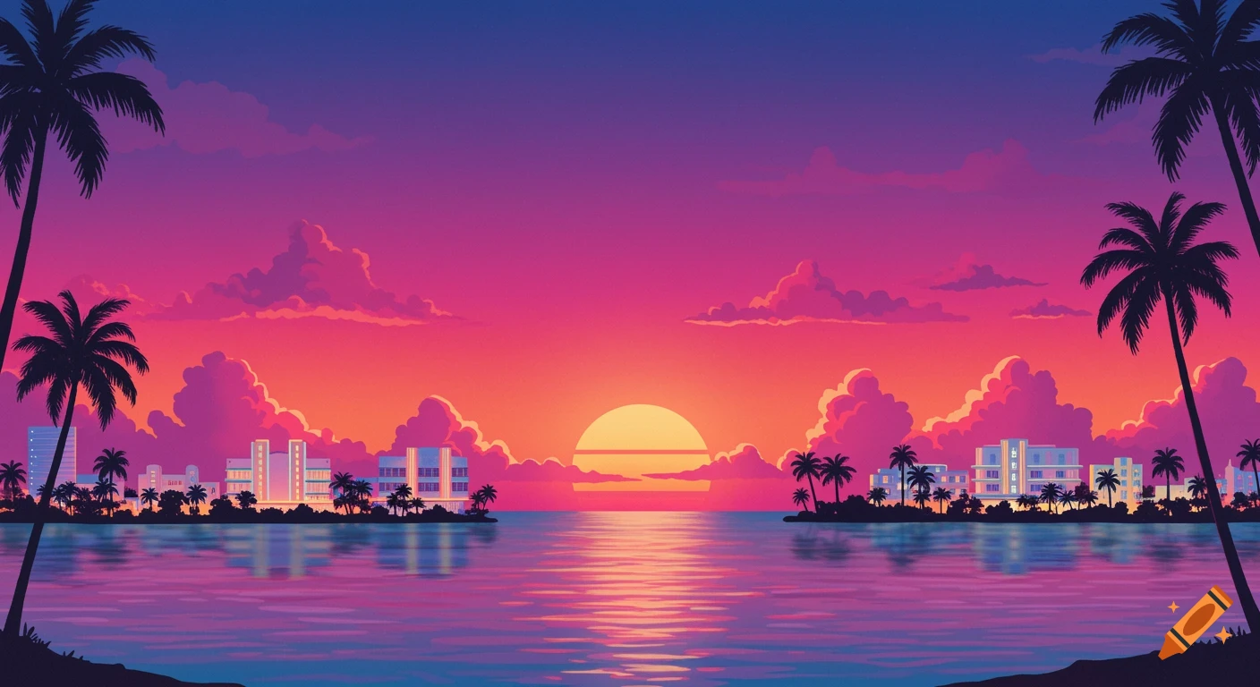 Vibrant retro-style sunset over a Miami-like bay with palm trees and city skyline, reflecting on calm water.