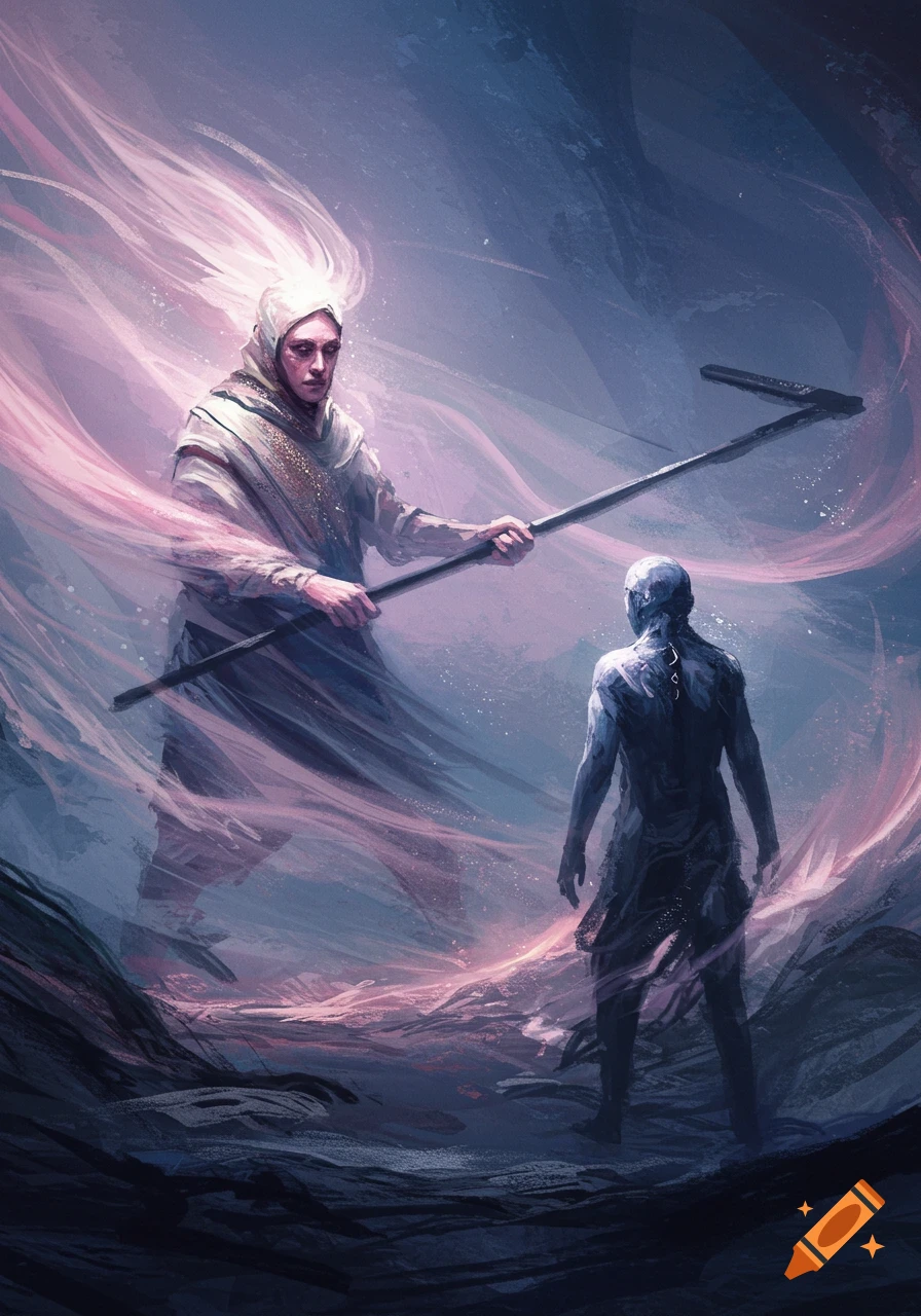A large ethereal figure with glowing hair holds a scythe over a smaller figure amidst swirling pink and blue light in a painterly style.