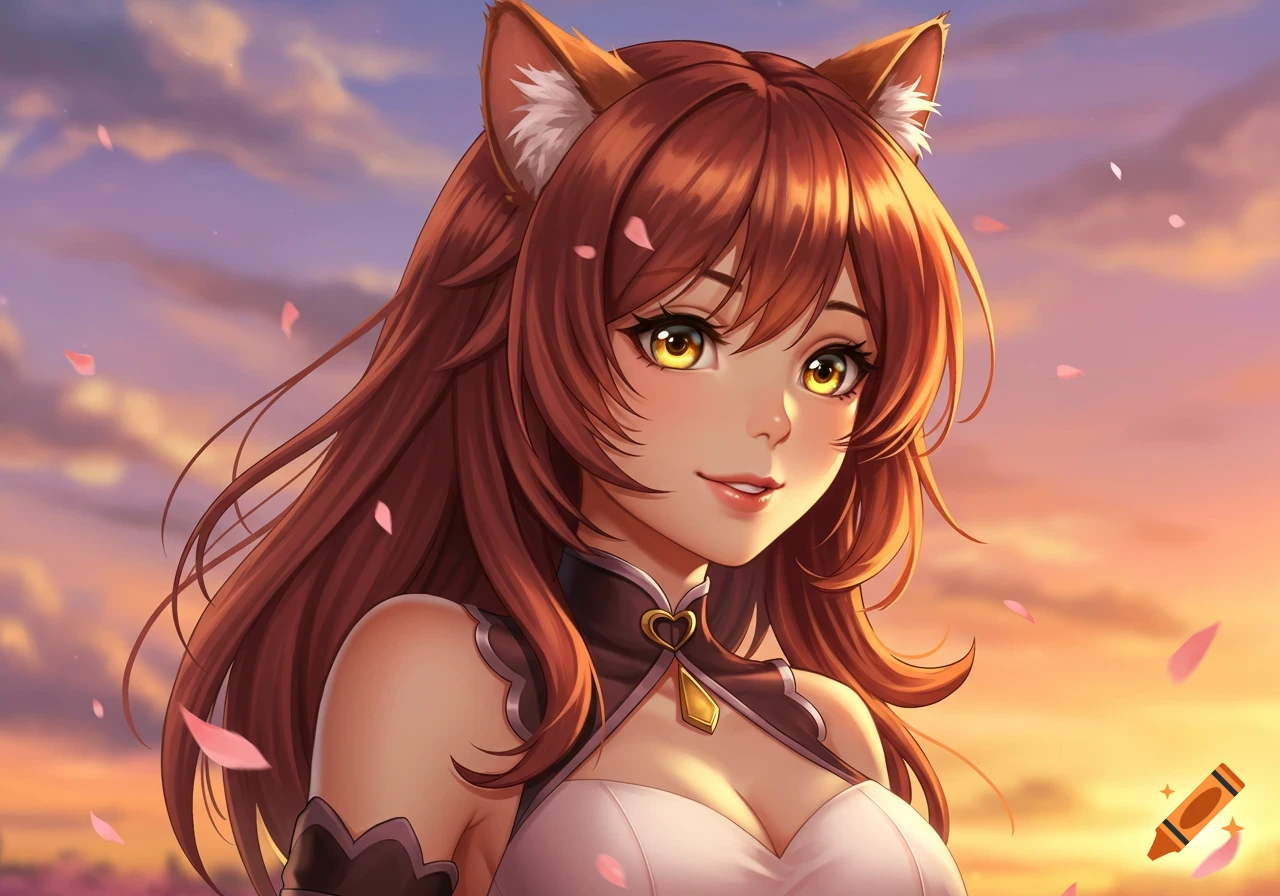 An anime cat girl with long auburn hair and golden eyes smiles against a vibrant sunset sky with pink petals.