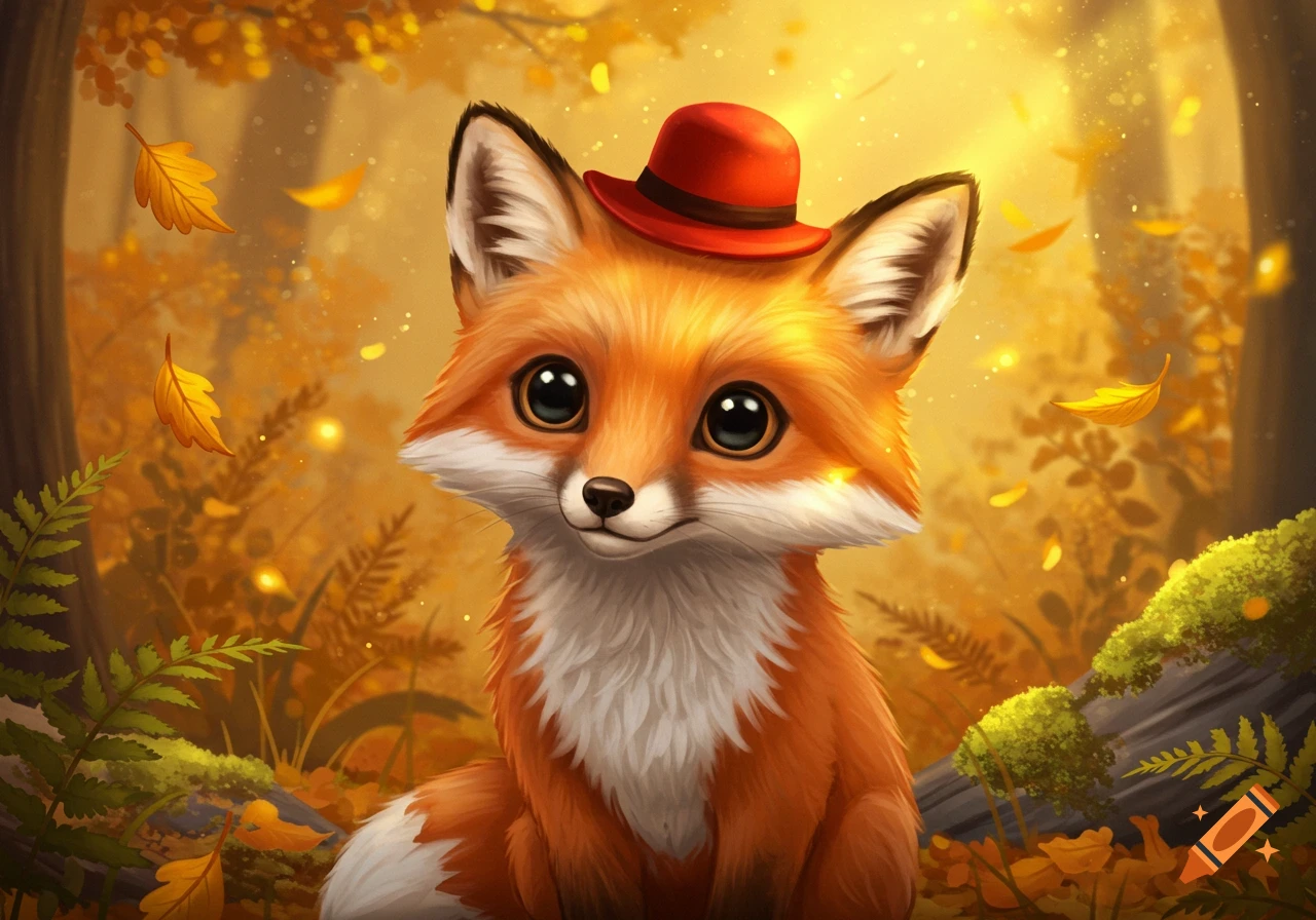 A cute, stylized fox wearing a red hat sits in a warm, glowing autumn forest with falling leaves.
