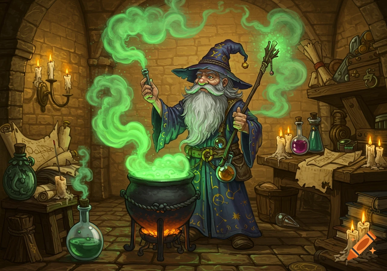 An old wizard conjures green smoke from a bubbling cauldron in a stone chamber filled with potions and scrolls. Illustrative style.
