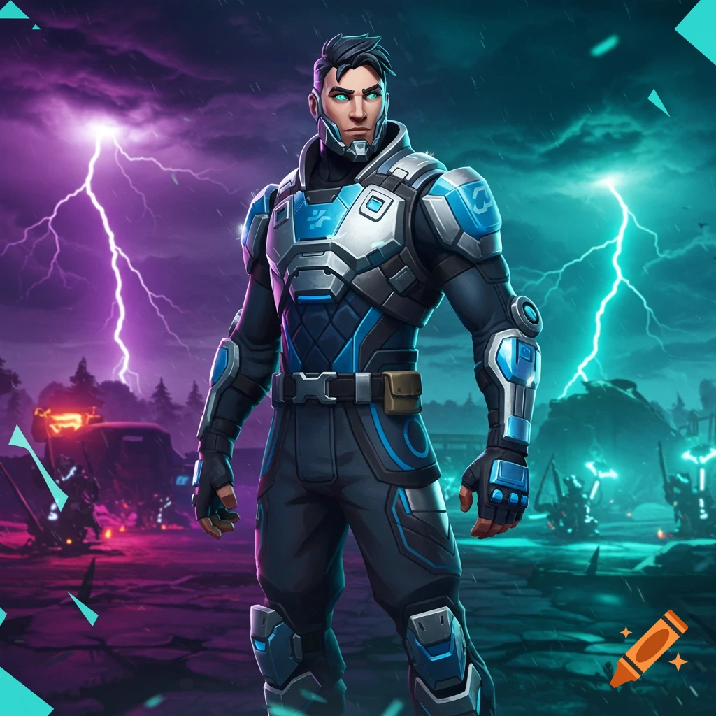 A man in blue and grey futuristic armor with glowing eyes stands in a stormy, neon-lit landscape with lightning.