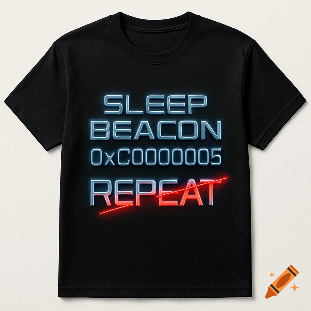 A black t-shirt with neon blue text saying 'SLEEP BEACON 0xC0000005 REPEAT', with a red strike-through line on 'REPEAT'.