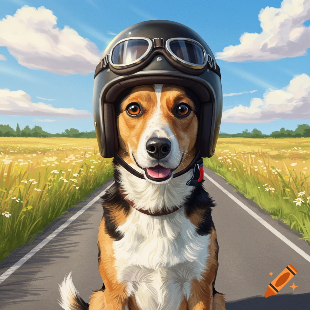 A cute dog wearing a black motorcycle helmet sits on a road in a field under a blue sky.