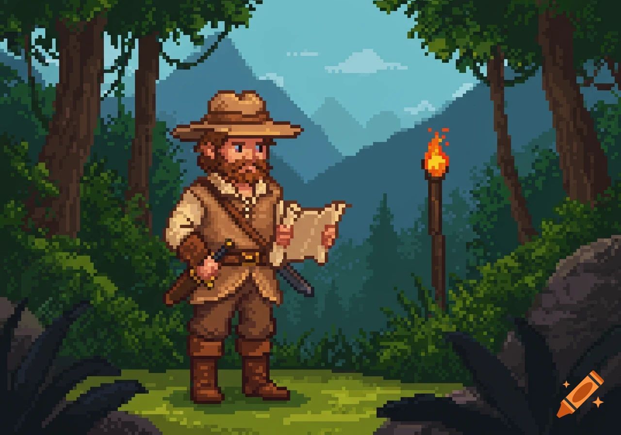 Pixel art of a bearded adventurer in a hat and coat holding a map in a forest with mountains and a torch.